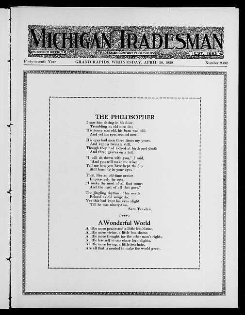 Michigan tradesman. Vol. 47 no. 2432 (1930 April 30)