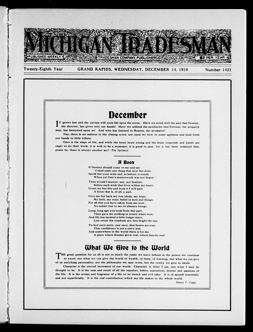 Michigan tradesman. Vol. 28 no. 1421 (1910 December 14)