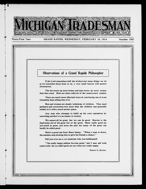 Michigan tradesman. Vol. 31 no. 1587 (1914 February 18)