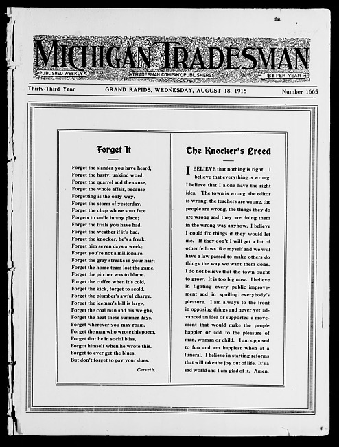 Michigan tradesman. Vol. 33 no. 1665 (1915 August 18)