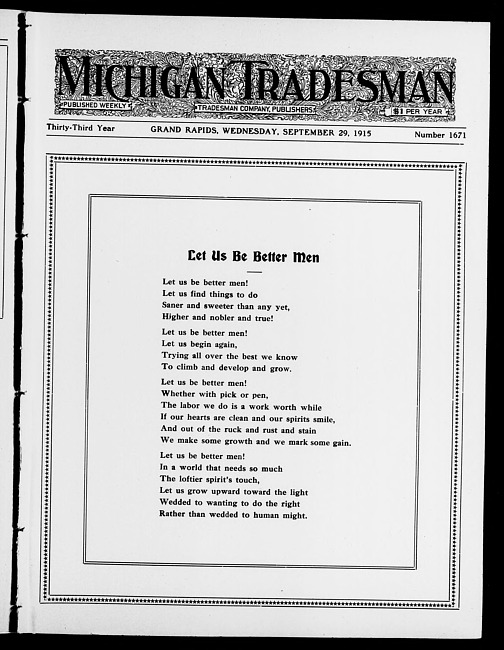 Michigan tradesman. Vol. 33 no. 1671 (1915 September 29)