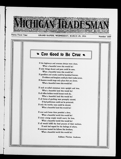 Michigan tradesman. Vol. 33 no. 1697 (1916 March 29)