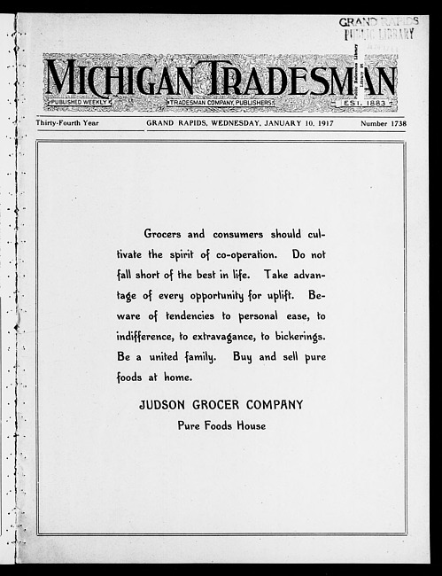 Michigan tradesman. Vol. 34 no. 1738 (1917 January 10)