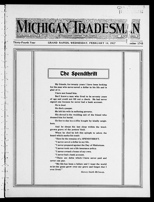 Michigan tradesman. Vol. 34 no. 1743 (1917 February 14)