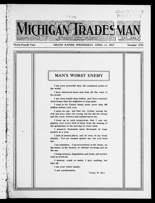 Michigan tradesman. Vol. 34 no. 1751 (1917 April 11)