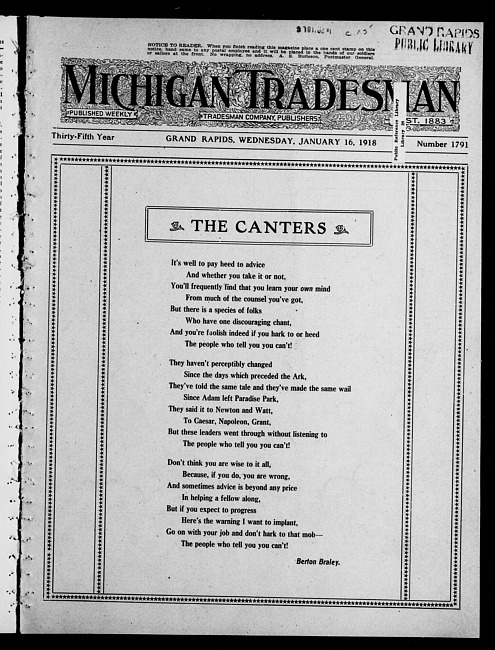 Michigan tradesman. Vol. 35 no. 1791 (1918 January 16)