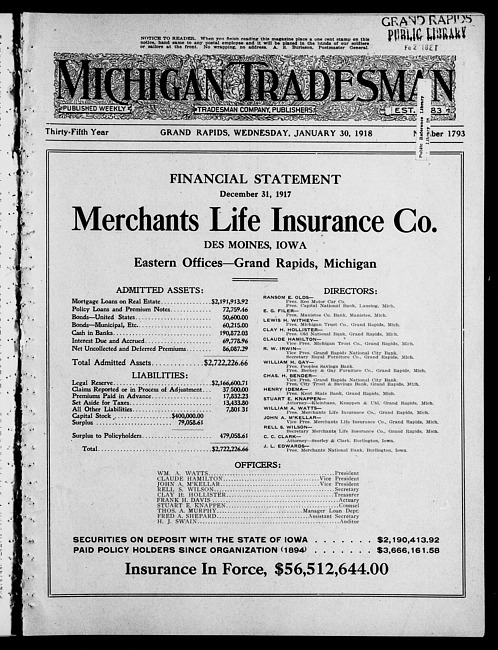 Michigan tradesman. Vol. 35 no. 1793 (1918 January 30)