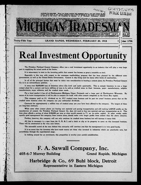 Michigan tradesman. Vol. 35 no. 1796 (1918 February 20)