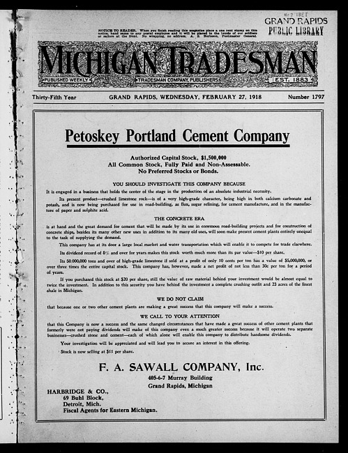 Michigan tradesman. Vol. 35 no. 1797 (1918 February 27)