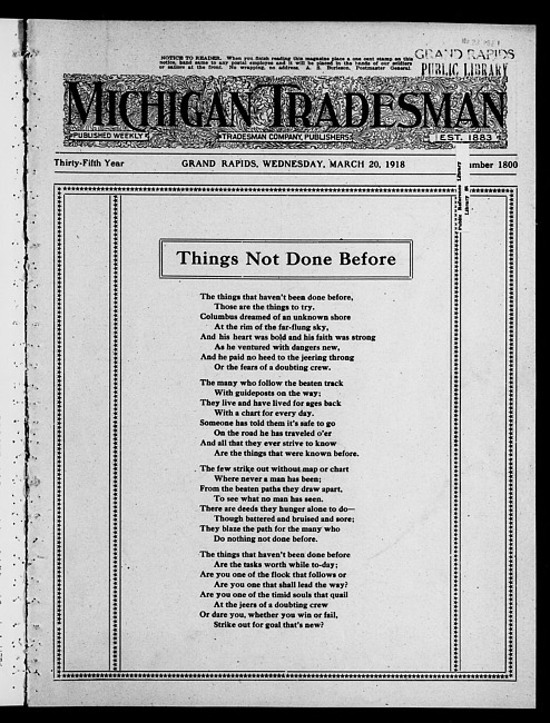 Michigan tradesman. Vol. 35 no. 1800 (1918 March 20)