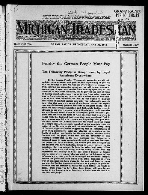 Michigan tradesman. Vol. 35 no. 1809 (1918 May 22)