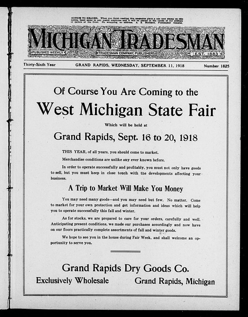 Michigan tradesman. Vol. 36 no. 1825 (1918 September 11)
