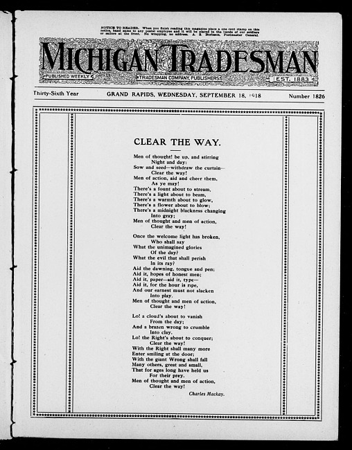 Michigan tradesman. Vol. 36 no. 1826 (1918 September 18)