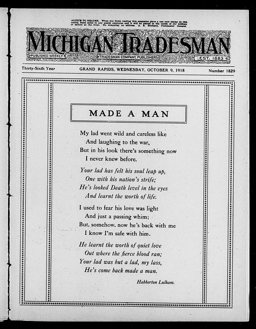 Michigan tradesman. Vol. 36 no. 1829 (1918 October 9)