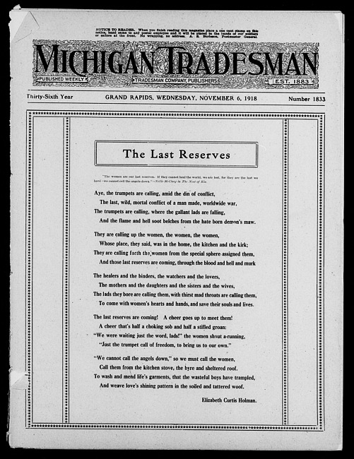 Michigan tradesman. Vol. 36 no. 1833 (1918 November 6)