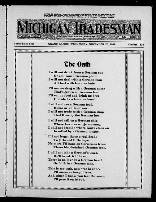 Michigan tradesman. Vol. 36 no. 1835 (1918 November 20)