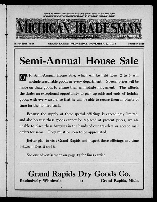 Michigan tradesman. Vol. 36 no. 1836 (1918 November 27)