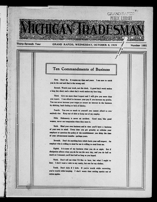 Michigan tradesman. Vol. 37 no. 1881 (1919 October 8)