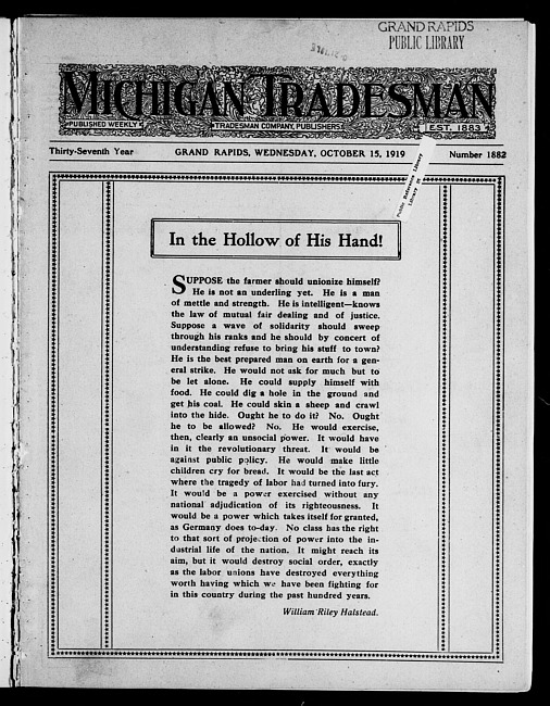 Michigan tradesman. Vol. 37 no. 1882 (1919 October 15)