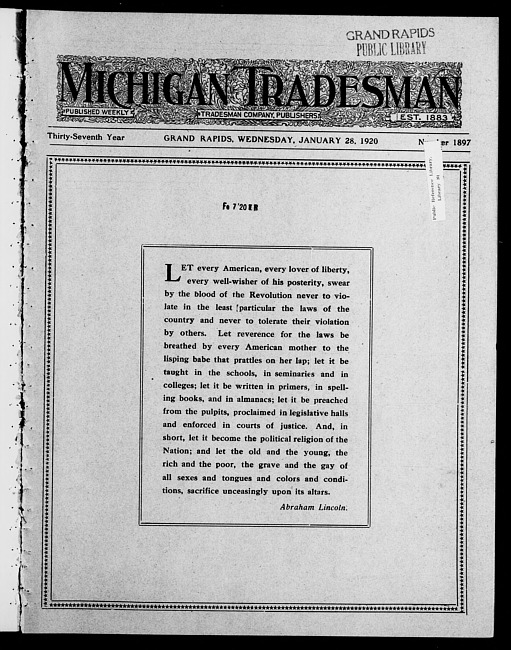 Michigan tradesman. Vol. 37 no. 1897 (1920 January 28)