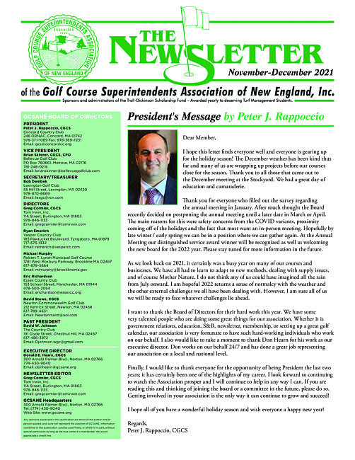 The newsletter of the Golf Course Superintendents Association of New England, Inc. (2021 November/December)