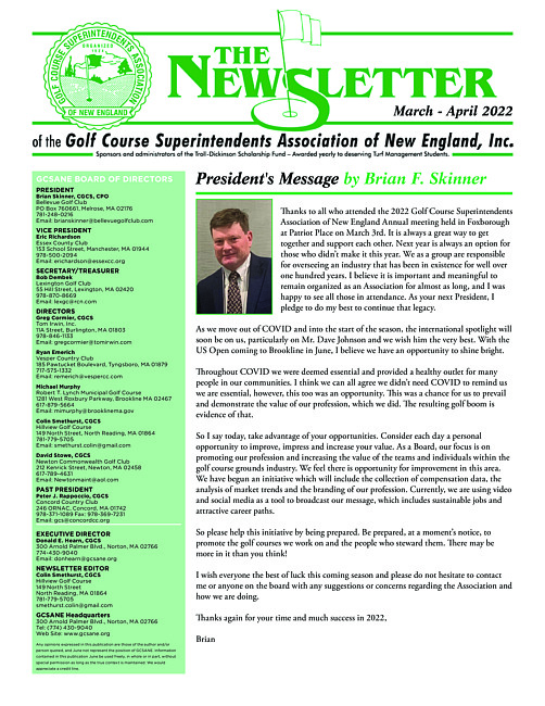 The newsletter of the Golf Course Superintendents Association of New England, Inc. (2022 March/April)