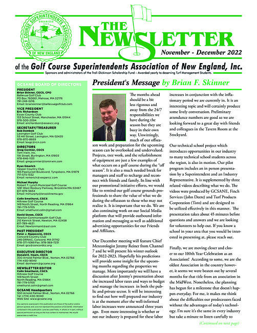 The newsletter of the Golf Course Superintendents Association of New England, Inc. (2022 November/December)
