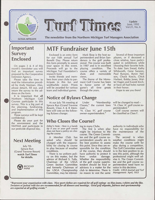 Turf times. Vol. 21 no. 6 (1992 June)