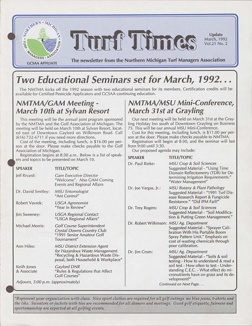 Turf times. Vol. 21 no. 2 (1992 March)