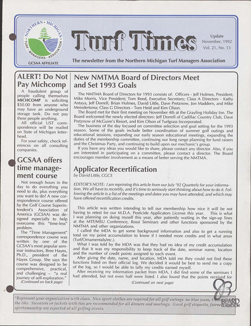 Turf times. Vol. 21 no. 13 (1992 November)