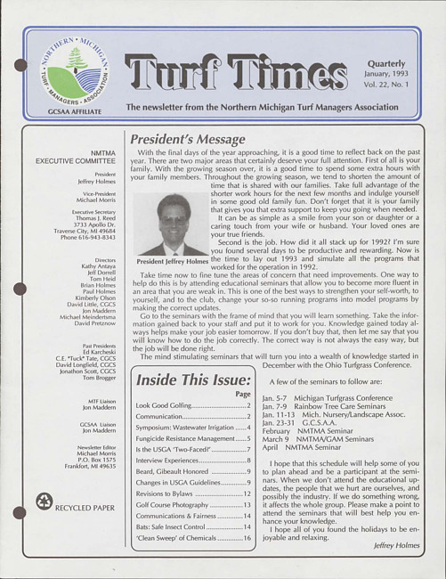 Turf times. Vol. 22 no. 1 (1993 January)