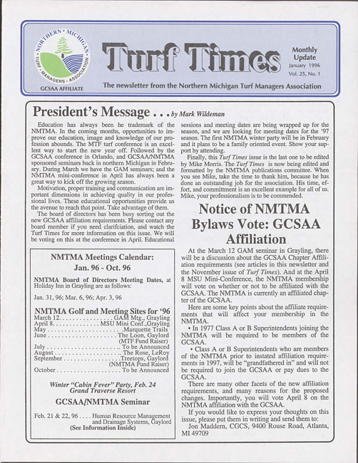 Turf times. Vol. 25 no. 1 (1996 January)