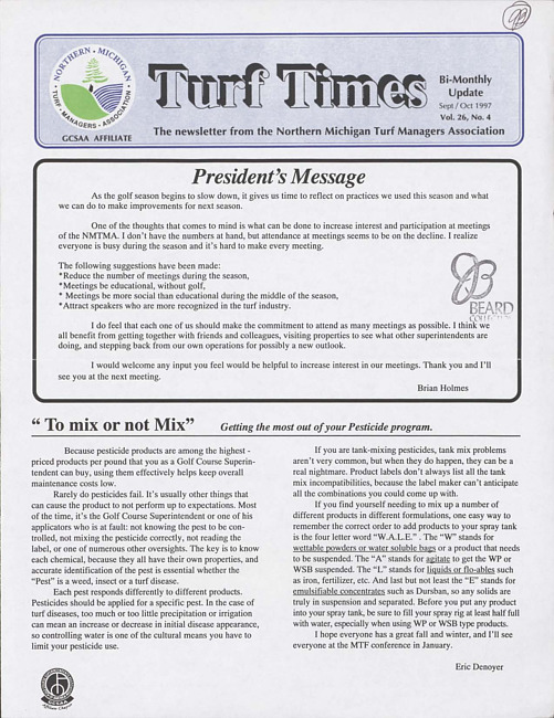 Turf times. Vol. 26 no. 4 (1997 September/October)