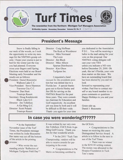 Turf times. Vol. 29 no. 5 (2000 November/December)