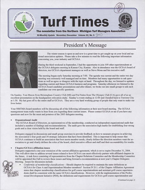 Turf times. Vol. 32 no. 5 (2003 November/December)