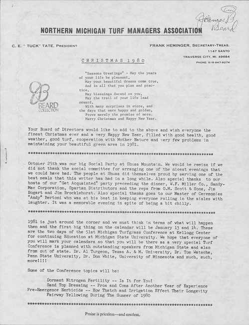 Northern Michigan Turf Managers Association newsletter. (1980 December)