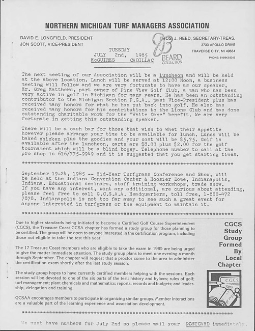 Northern Michigan Turf Managers Association newsletter. (1985 July)