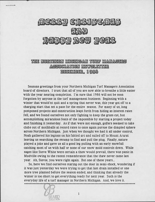 Northern Michigan Turf Managers Association newsletter. (1986 December)