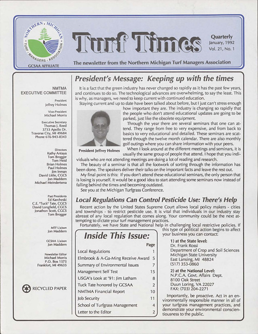 Turf times. Vol. 21 no. 1 (1992 January)