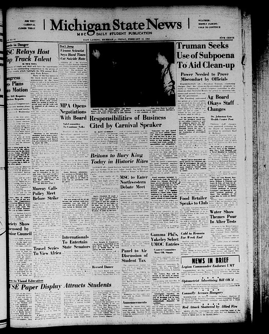 Michigan State news. (1952 February 15)