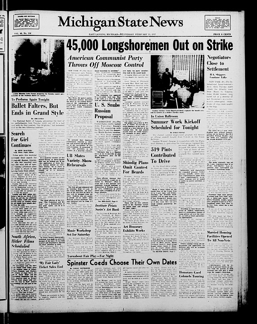 Michigan State news. (1957 February 13)