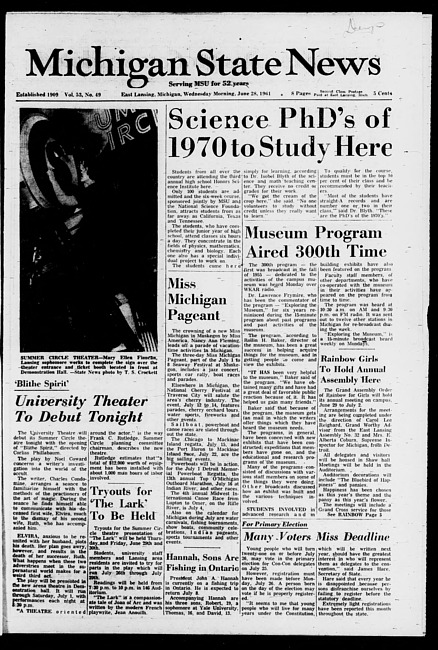 Michigan State news. (1961 June 28)