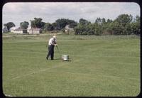 Scotty McLaren using a line marker to apply lime to turf cutting research plots at the Toro Research Center in Minnesota, 1953